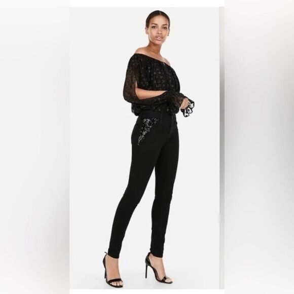 EXPRESS | Black Mid Rise Skinny Jeans Velvet Sequin Accents Women’s Size 16 - Picture 1 of 12